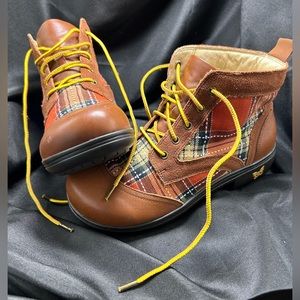 Alegria Kylie Pumpkin Brown Leather and Plaid Booties